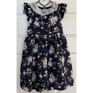 Janie And Jack Floral Ruffle Cap Sleeve Dress 4 Navy Blue Lace Collar Dressy